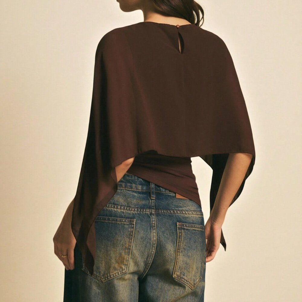 Brown Casual Elegant Women's Shawl Collar Batwing Sleeve Top - Picture 2 of 7